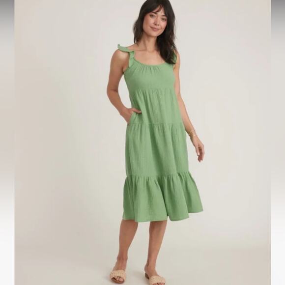 Marine Layer Jude Flutter Sleeve Dress In Jade Sheen - Picture 1 of 12